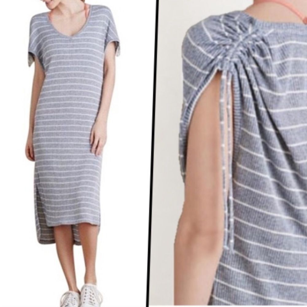 Saturday Sunday Anthropologie Gray Striped Midi Dress XS Tie Sleeve Casual